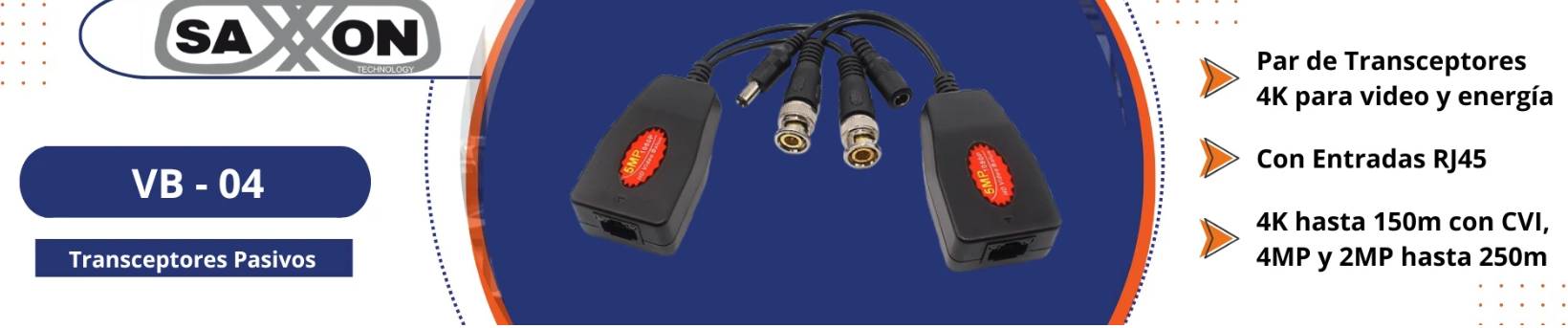 SAXXON VB-04 - Par de transceptores 4K para video y energía - con entradas RJ45, 4K hasta 150m con CVI, 4MP y 2MP hasta 250m
