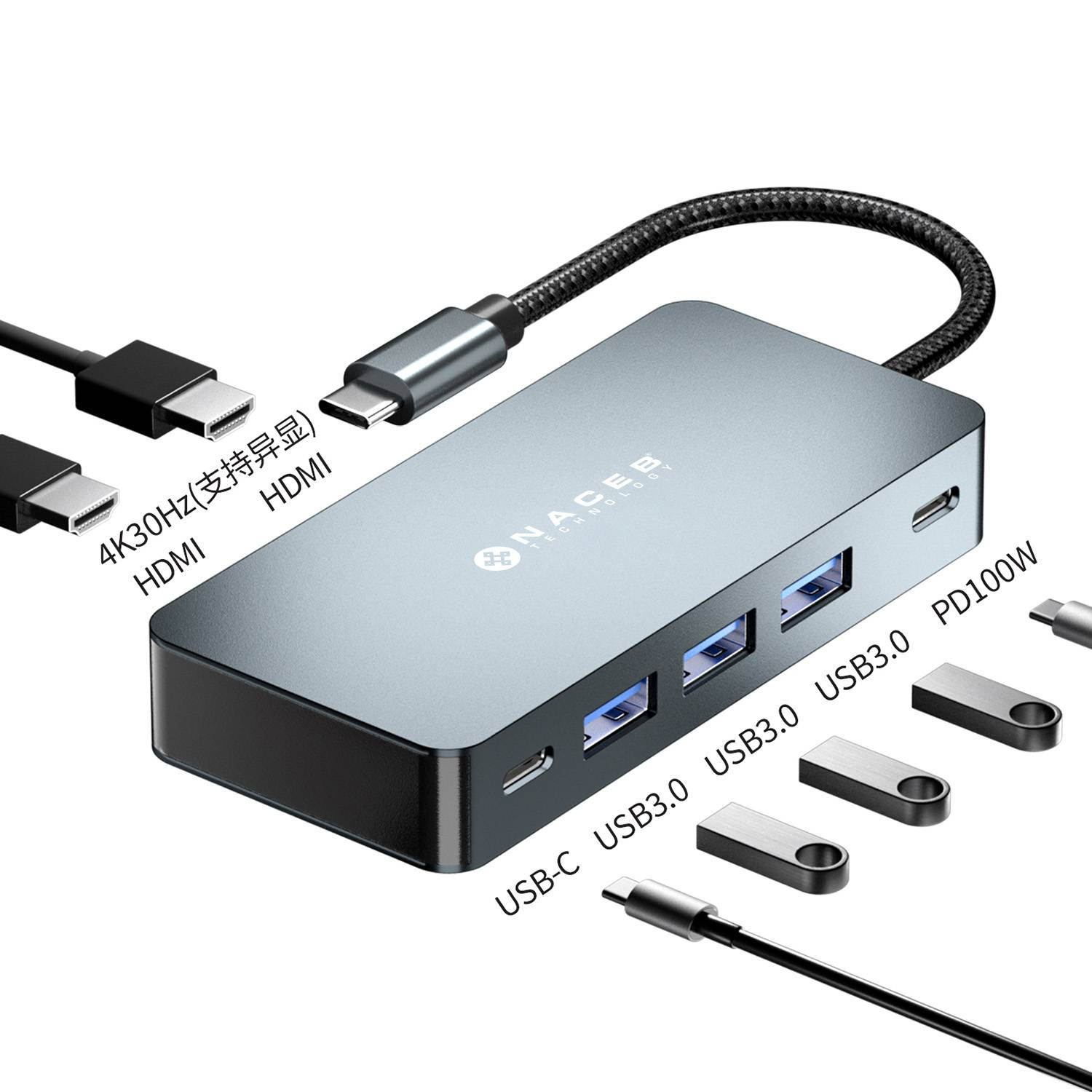 NACEB ADAPTADOR USB-C 7 EN 1 DUAL HDMI 4K+USB-C+PD100W+3*USB3.0 NA-0147 -