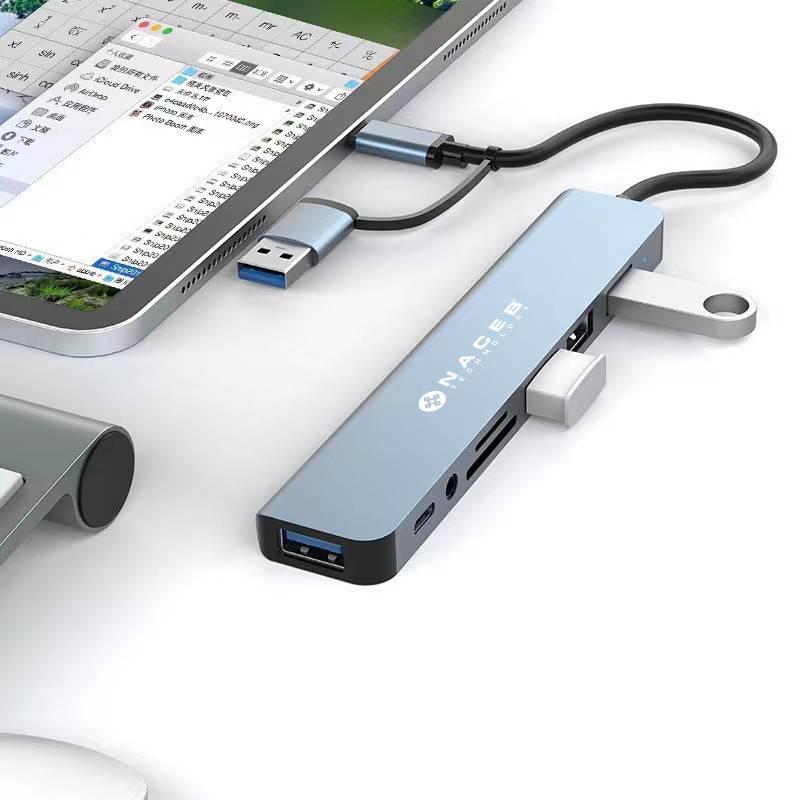 NACEB ADAPTADOR USB-C/A 8 EN 1 USB3.0+3*USB2.0+USB-C+SD/TF+AUX NA-0149 -